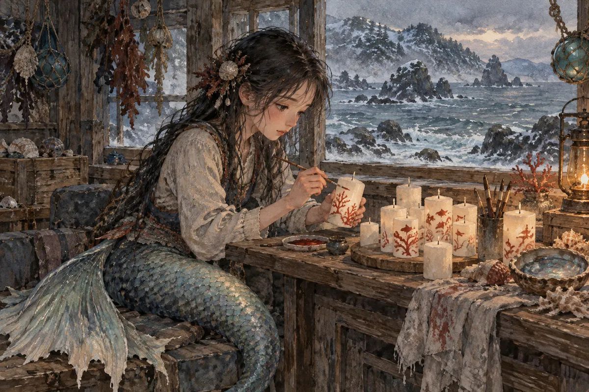 北の海を望む窓辺で、赤いろうそくに絵を描く人魚の娘(創作イラスト)