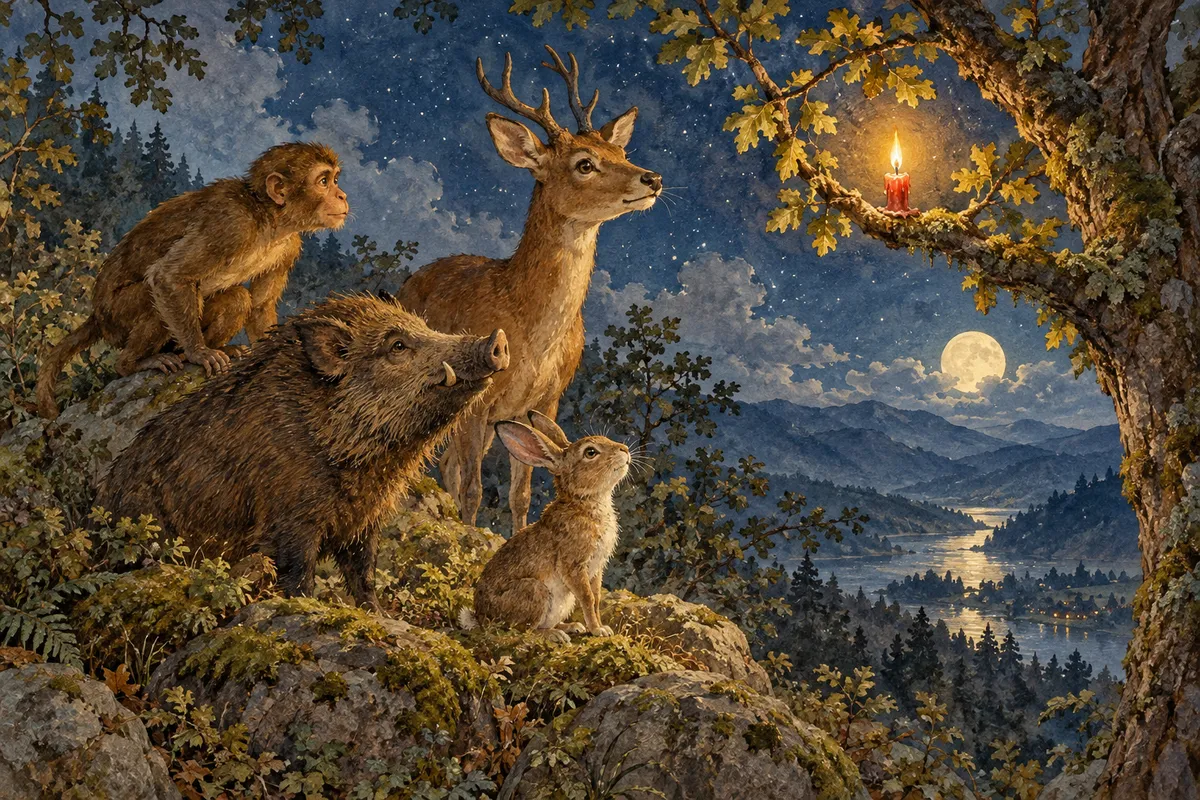 夜の山頂で枝に結びつけられた小さな赤い蝋燭が灯り、猪や猿や兎が少し離れて見守る創作イメージ。(創作イラスト)
