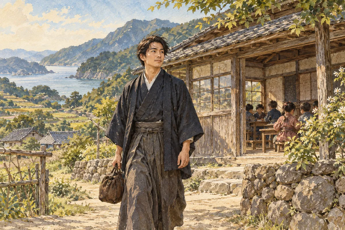 明治の地方の校舎へ向かう若い教師（創作イラスト）