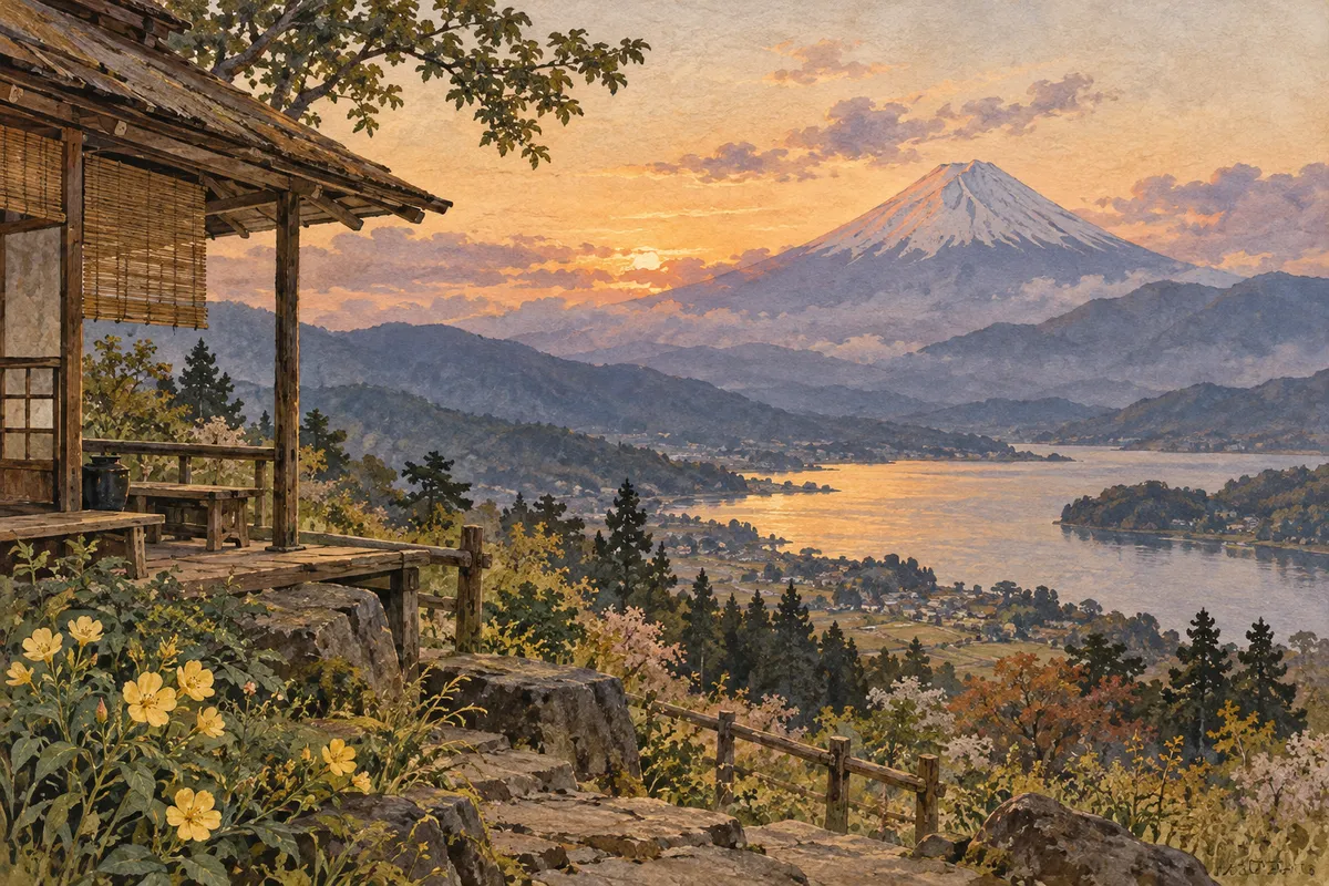 御坂の茶屋から見る富士と月見草の創作イラスト（創作イラスト）