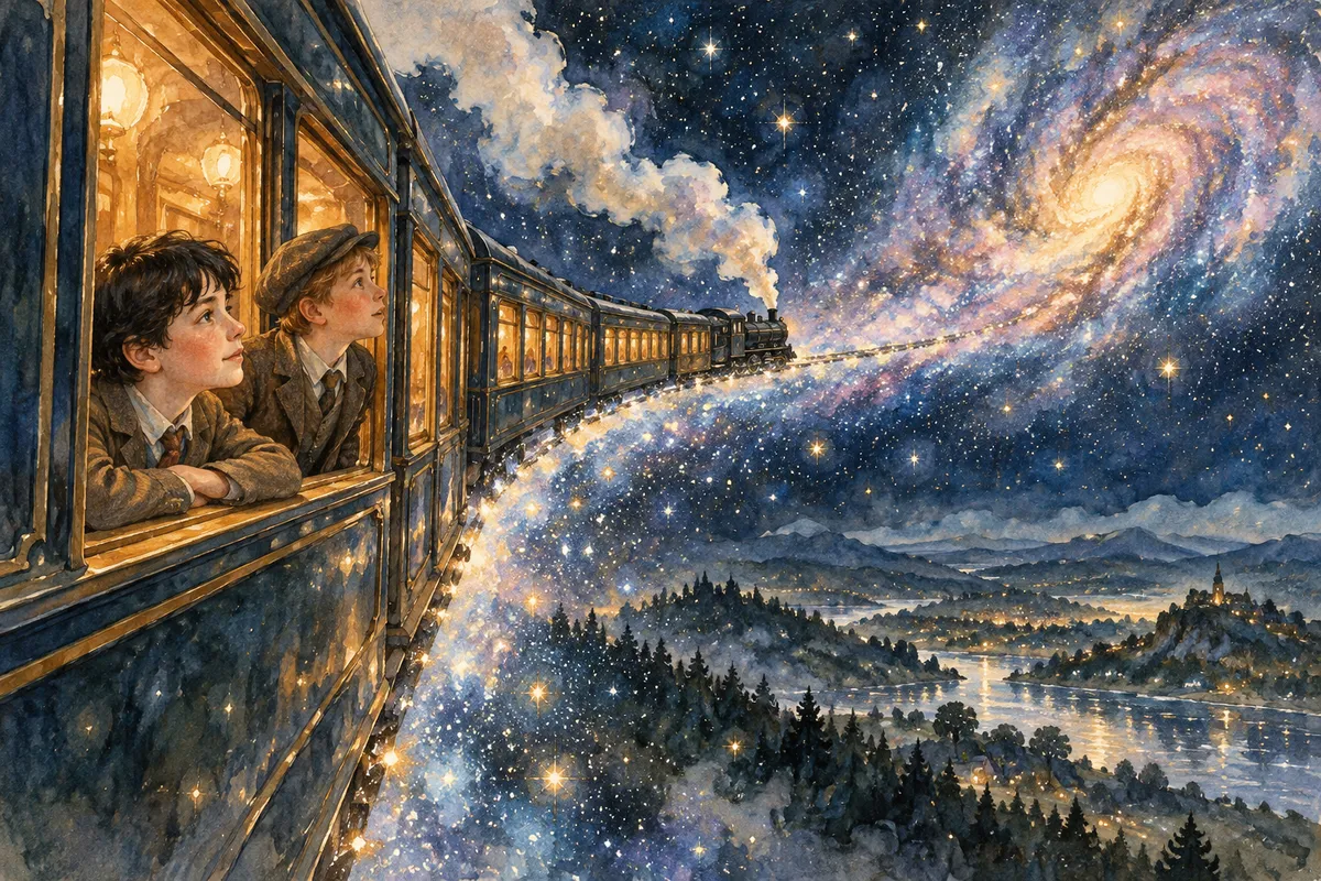 星空の銀河を走る列車の窓から、二人の人間の少年が光る川を見る創作イメージ。（創作イラスト）