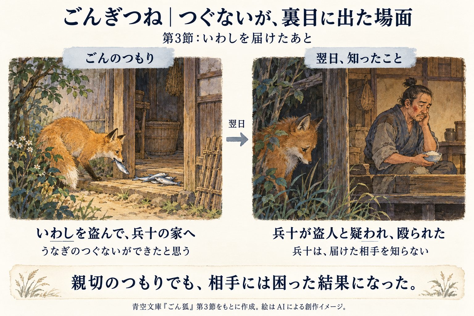 いわしを届けたごんのつもりと、翌日に知った兵十の困りごとを比較した創作図