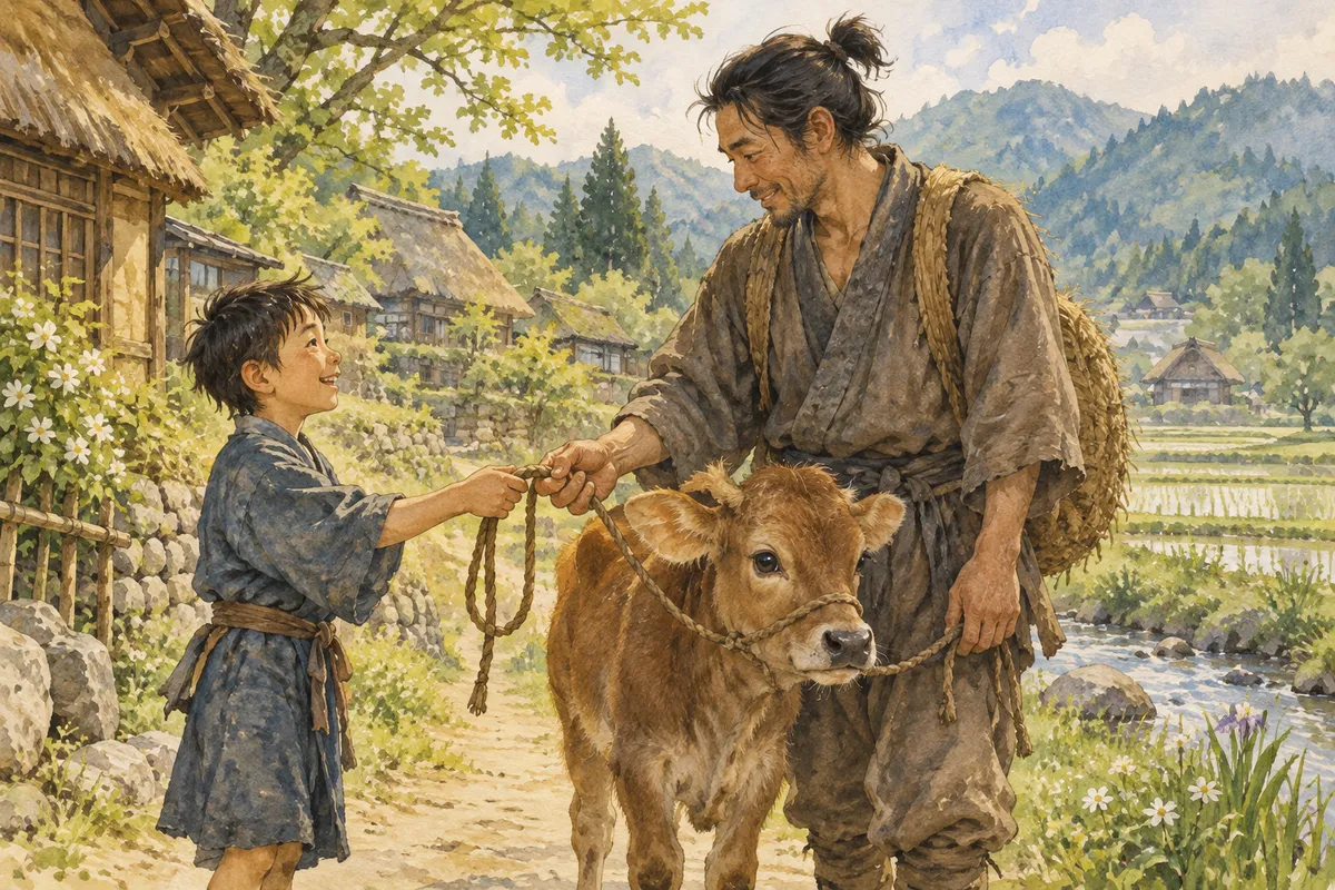 初夏の村の川辺で、少年が仔牛の赤い手綱を旅姿の大人に預ける創作イメージ。（創作イラスト）