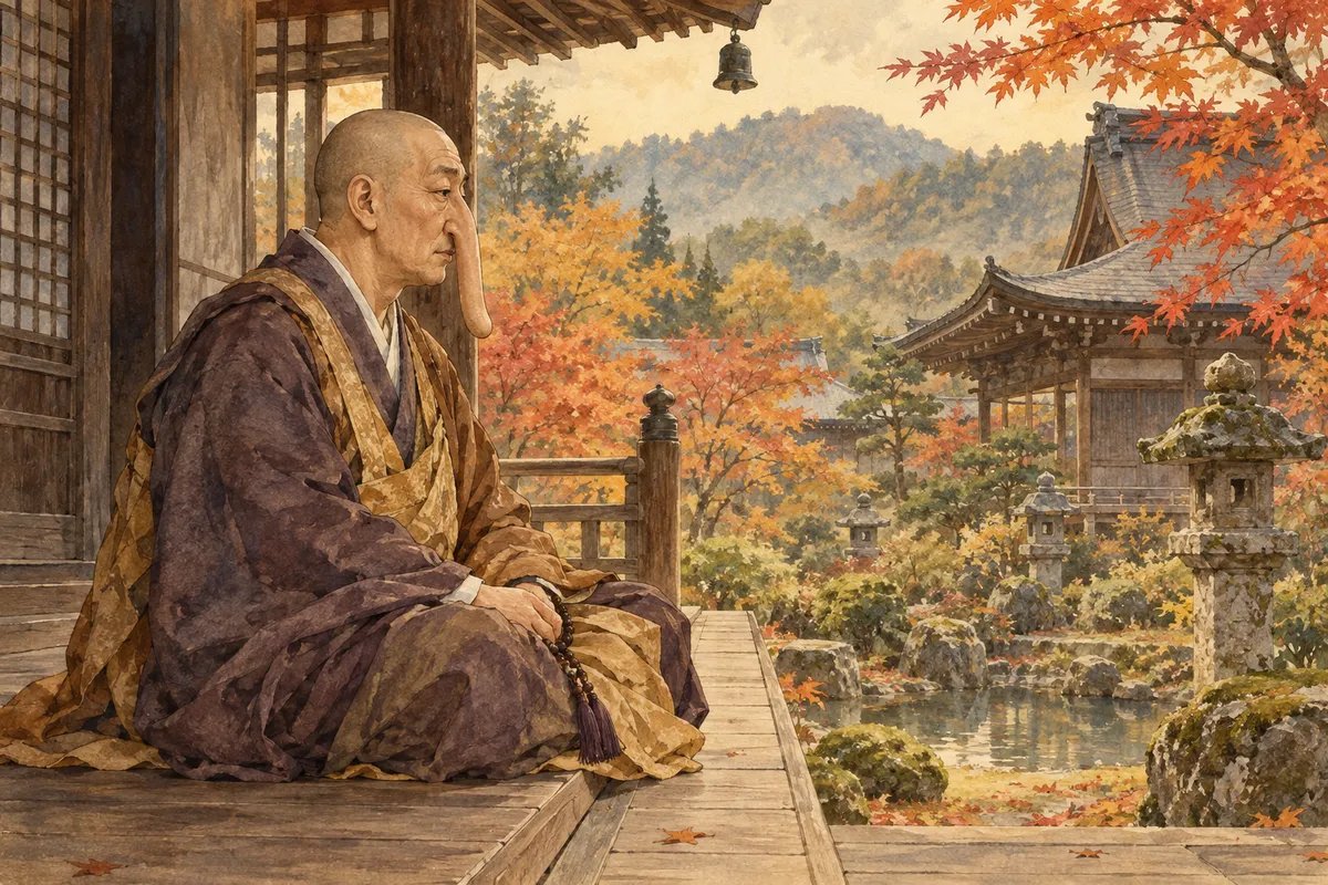 寺の縁側に座る長い鼻の僧(創作イラスト)
