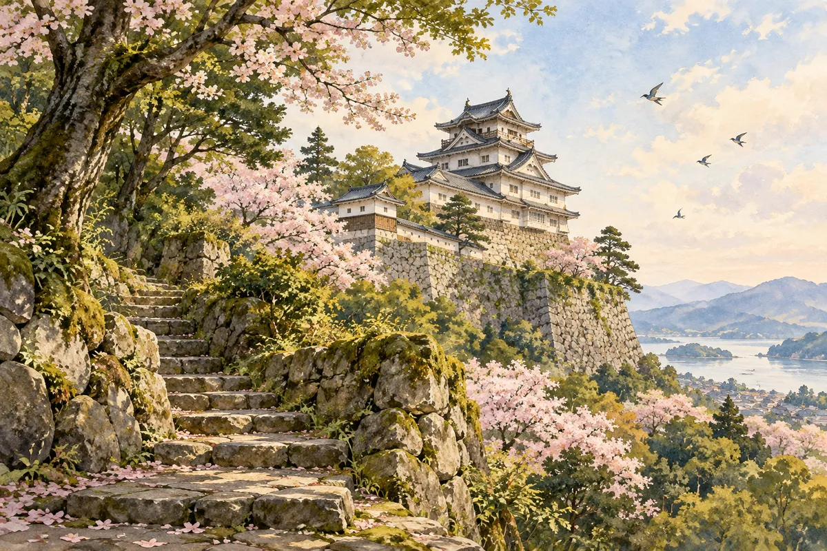 春の城山の緑と、石垣から離れた空を飛ぶ小鳥（創作イラスト）