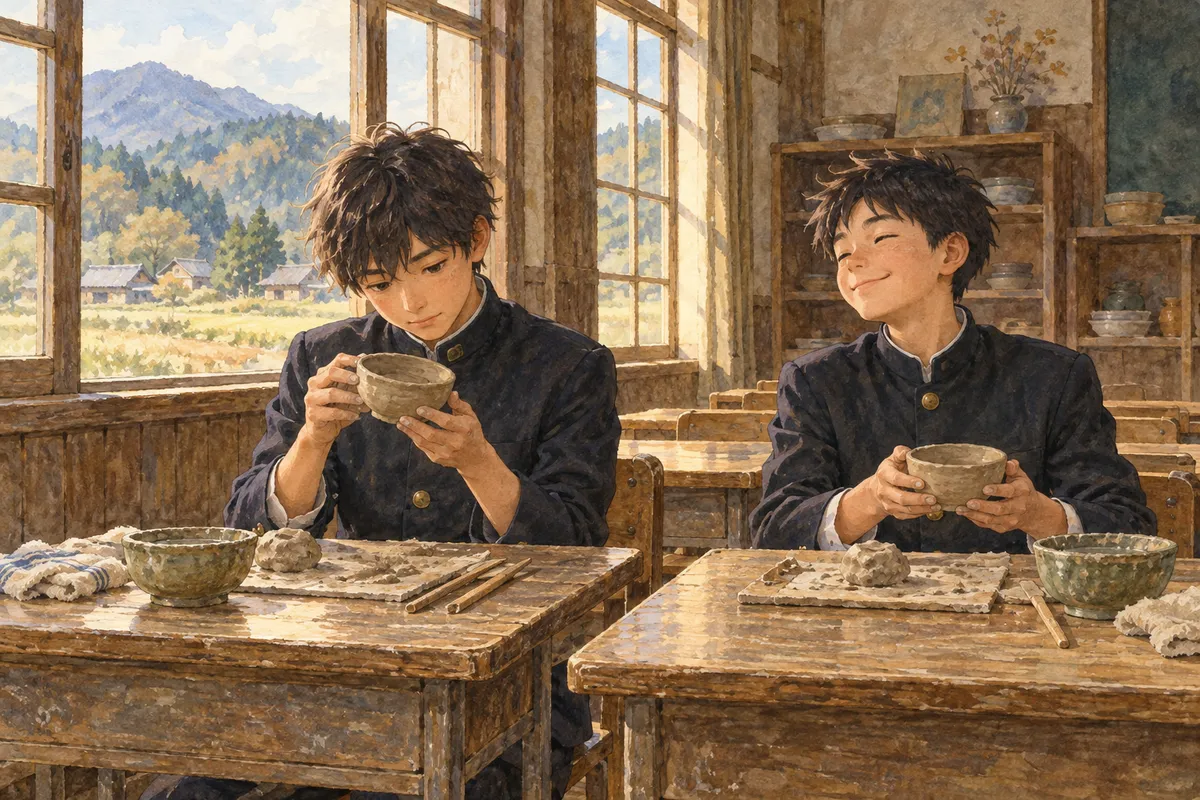 昔の木造教室で、粘土の茶碗を作る少年と後方の席の少年を描く静かな創作イメージ。（創作イラスト）