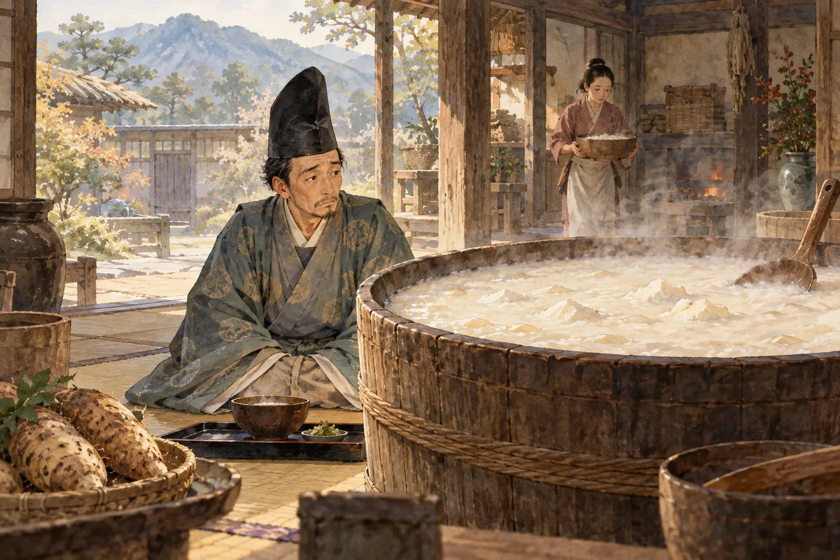 大量の芋粥を前に戸惑う五位(創作イラスト)