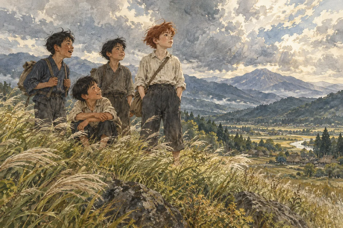 風で草がなびく山あいの学校の近くに、赤毛の転校生と村の子供たちが立つ創作イメージ。（創作イラスト）