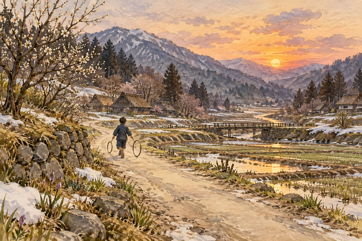 春の畑沿いの白い道を、二つの金色の輪とともに進む少年(創作イラスト)