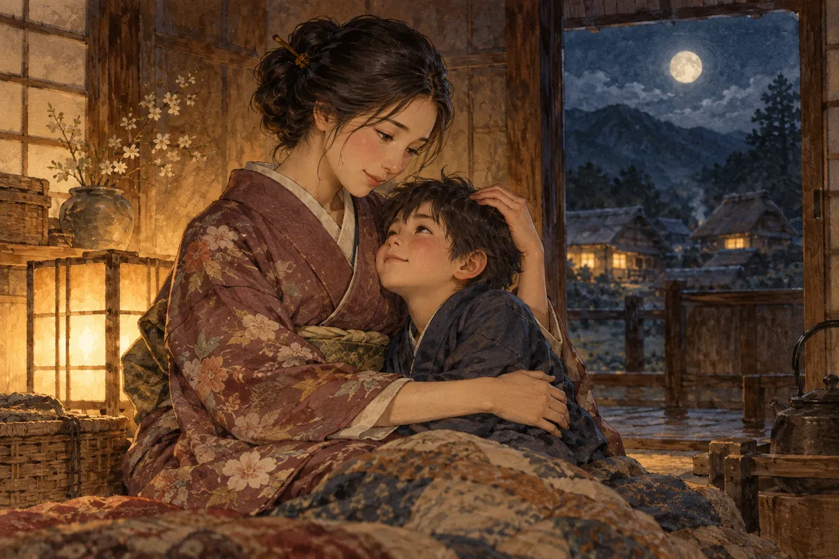 月明かりの木造の家で、幼い人間の男の子が母に抱きつく創作イメージ。狐への変身は描かない。(創作イラスト)