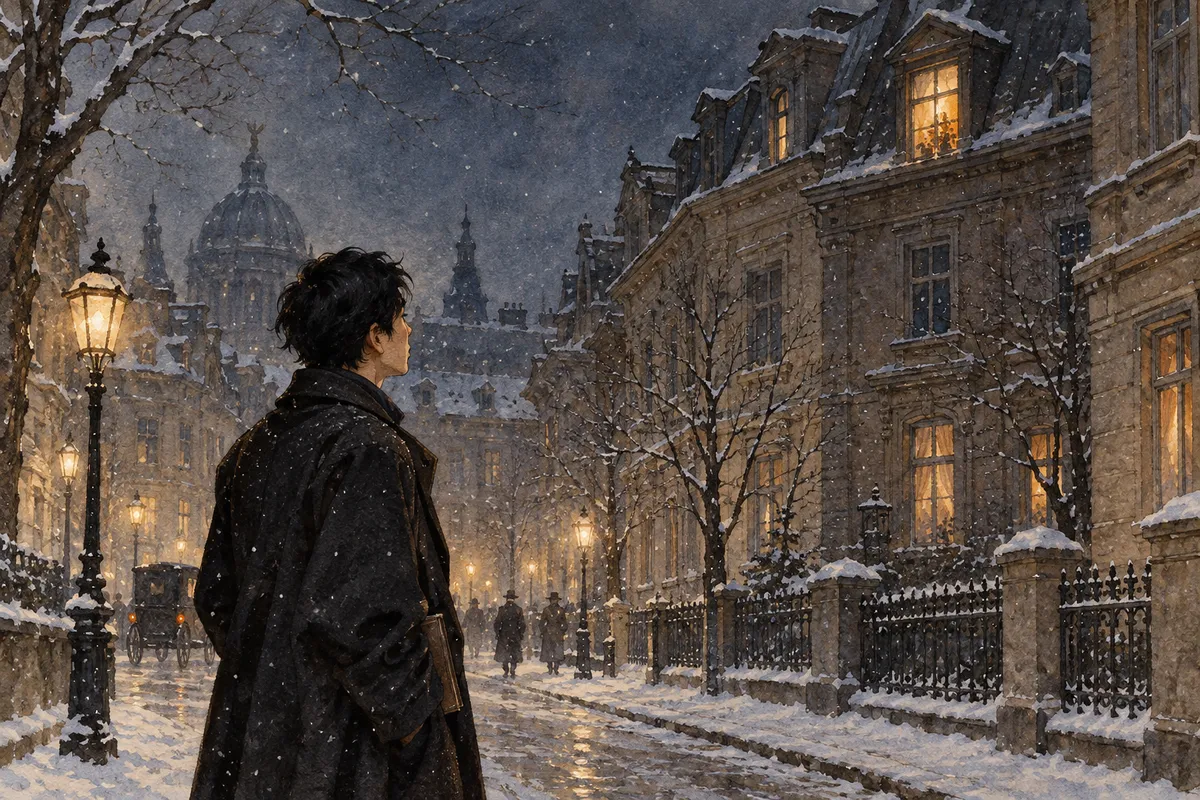 雪のベルリンの街角と、屋根裏の窓にともる明かり（創作イラスト）