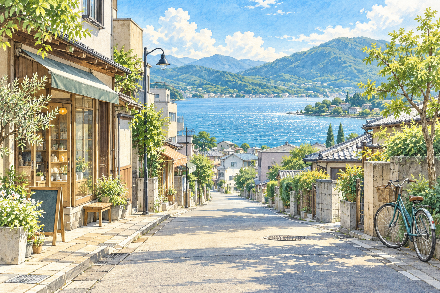 湖と山を望む夏の街並みの創作イラスト