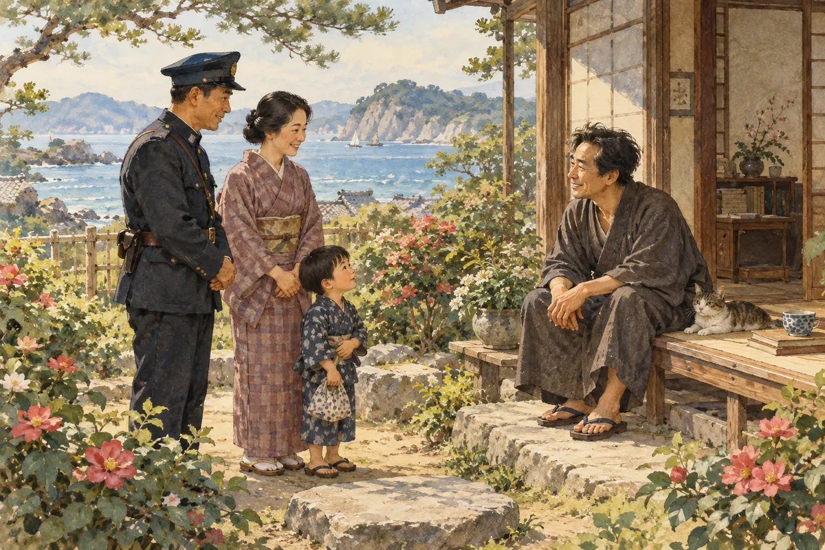 海辺で遊ぶ親子と遠くから見る男の創作イラスト（創作イラスト）