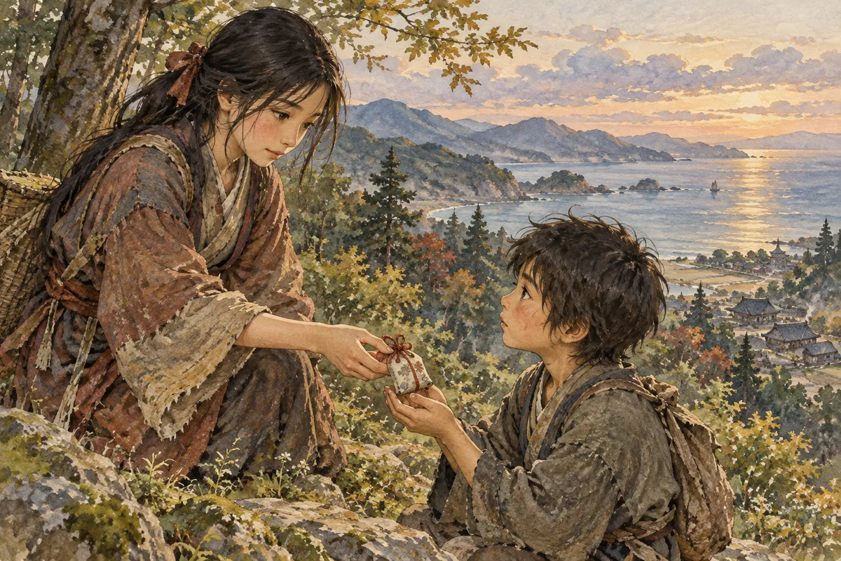 海を望む山道で向かい合う安寿と厨子王をイメージした姉弟（創作イラスト）