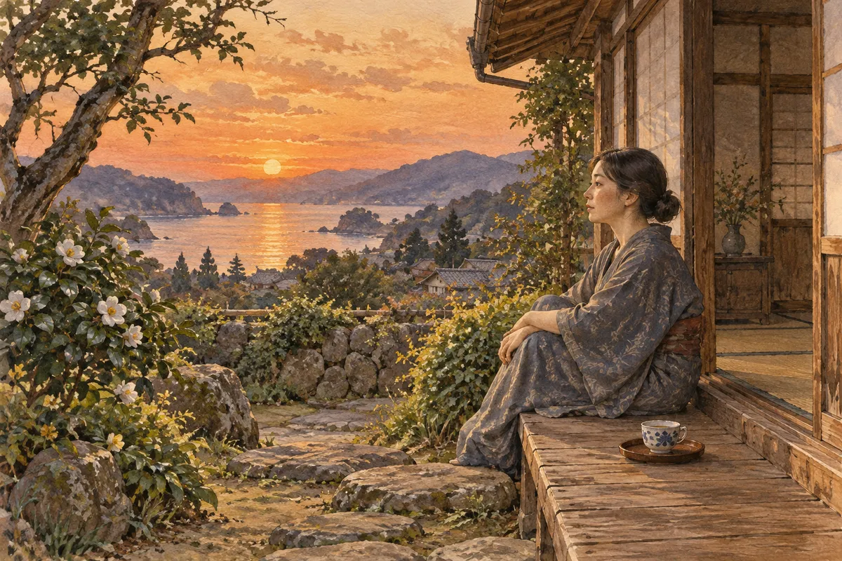 伊豆の家と夕日を眺める女性の創作イラスト（創作イラスト）