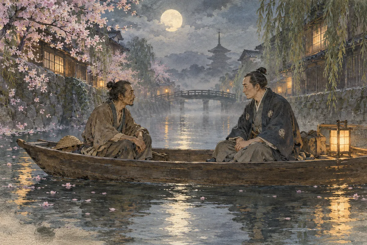 夜の川を進む舟の喜助と庄兵衛（創作イラスト）