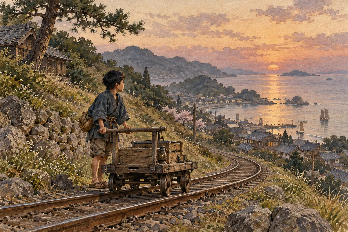 海を望む線路のトロッコと少年を描いた創作イラスト（創作イラスト）