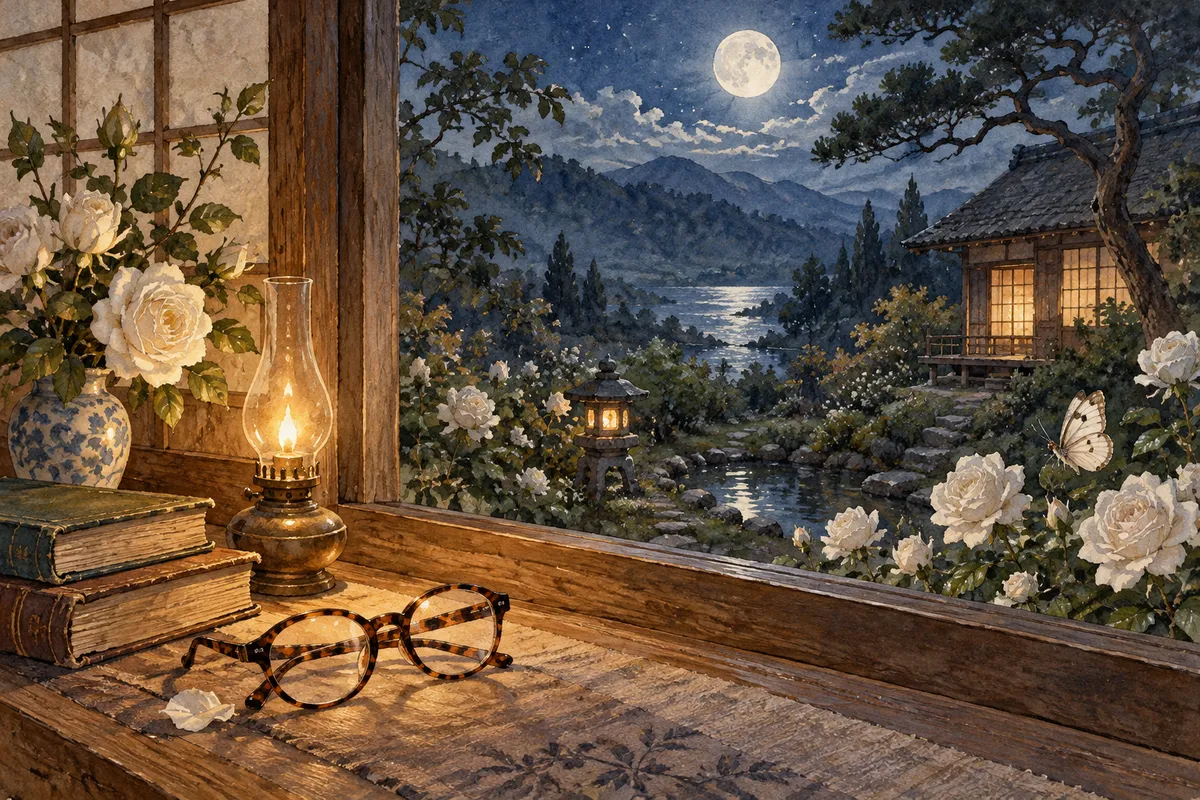 月夜の花園と、窓辺に置かれためがねと小さな蝶（創作イラスト）
