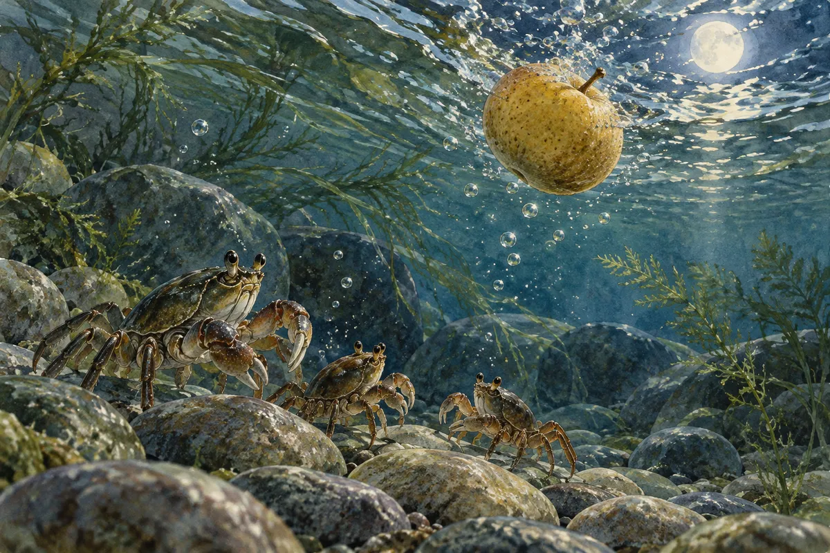 水の中でやまなしの実を見つめる蟹の親子（創作イラスト）