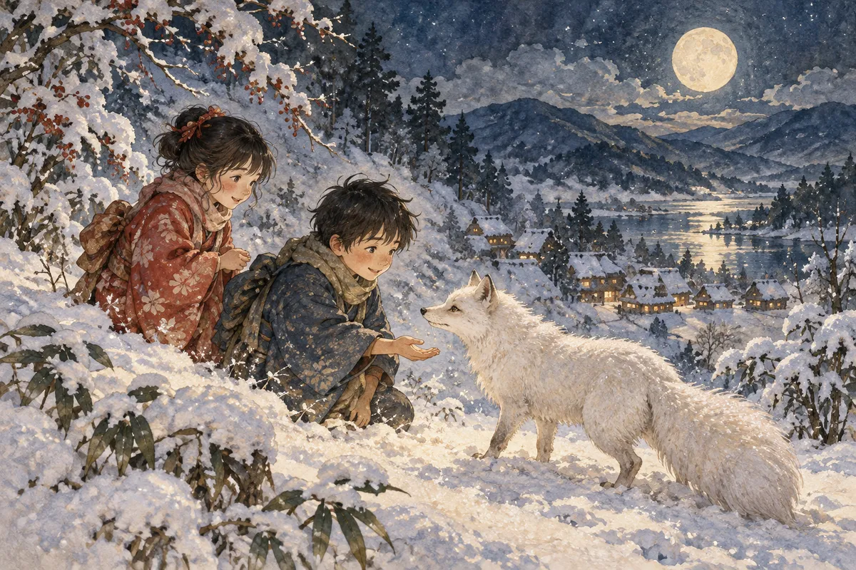 月光で青く輝く雪の森で、二人の子供と白い子狐が向き合う創作イメージ。（創作イラスト）